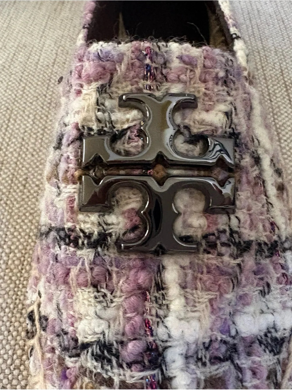 New TORY BURCH EVERLY TWEED ESPADRILLE BLACK WHITE PURPLE Size 8.5